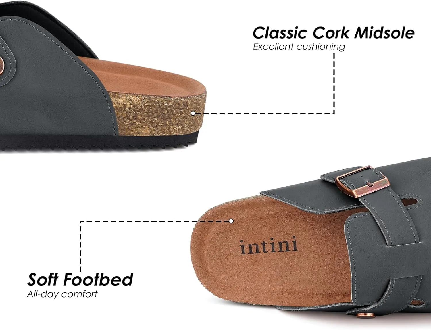 Womens Cork Footbed Clogs Mens PU Leather Mules with Arch Support Adjustable Buckle Comfort Slip On Potato Shoes Unisex Non-Slip Flat Sandals Indoor Outdoor