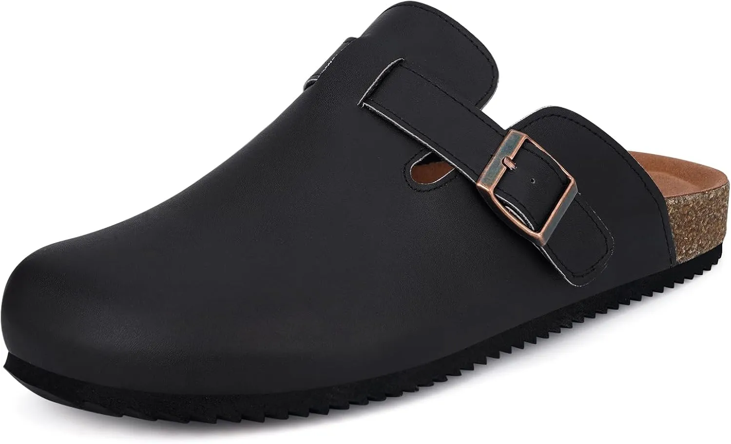 Womens Cork Footbed Clogs Mens PU Leather Mules with Arch Support Adjustable Buckle Comfort Slip On Potato Shoes Unisex Non-Slip Flat Sandals Indoor Outdoor