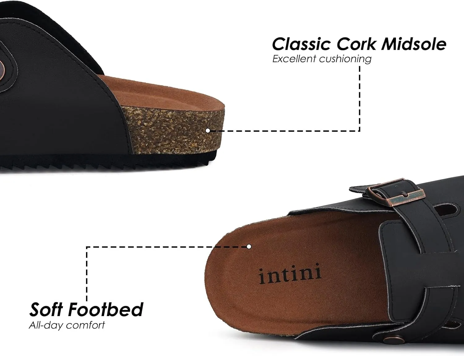 Womens Cork Footbed Clogs Mens PU Leather Mules with Arch Support Adjustable Buckle Comfort Slip On Potato Shoes Unisex Non-Slip Flat Sandals Indoor Outdoor