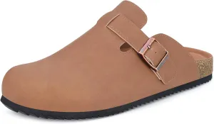 Womens Cork Footbed Clogs Mens PU Leather Mules with Arch Support Adjustable Buckle Comfort Slip On Potato Shoes Unisex Non-Slip Flat Sandals Indoor Outdoor
