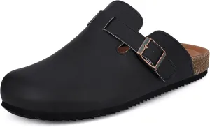 Womens Cork Footbed Clogs Mens PU Leather Mules with Arch Support Adjustable Buckle Comfort Slip On Potato Shoes Unisex Non-Slip Flat Sandals Indoor Outdoor