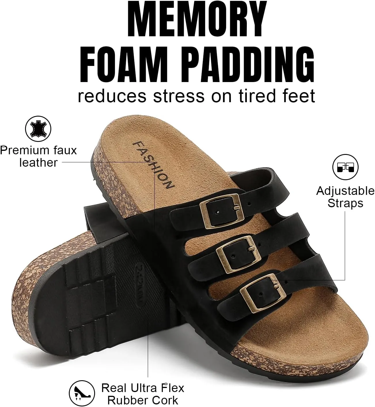 Women's Cork Footbed Sandals, Mens Open Toe Slides with Adjustable Buckle Comfort Slip On Slippers for Summer