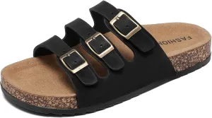 Women's Cork Footbed Sandals, Mens Open Toe Slides with Adjustable Buckle Comfort Slip On Slippers for Summer