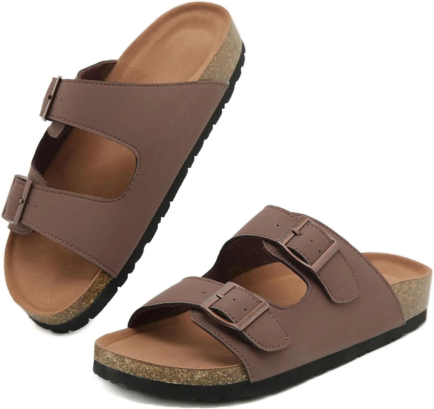 Womens Cork Footbed Slide Sandals, Open Toe Slides Sandals Adjustable Buckle Summer Beach Sandals with Arch Support
