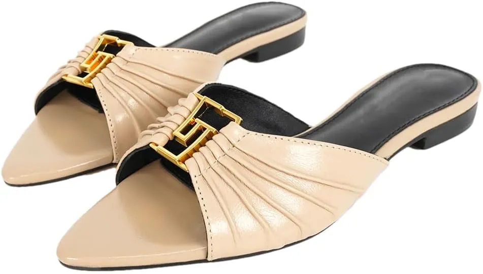 Women's Elegant Flat Sandals Genuine Leather Solid Color Pull On Fashion Slippers Luxury Design Sandals