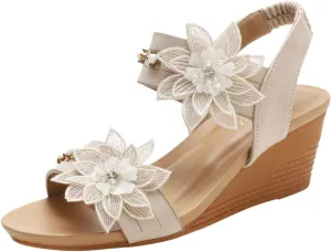 Womens Espadrille Wedge Sandals Flower Cutout Peep Toe Mid Heel Fashion Breathable Beach Sandals, Casual Summer Roman High Heel Slip on Ankle Strap Low Wedges