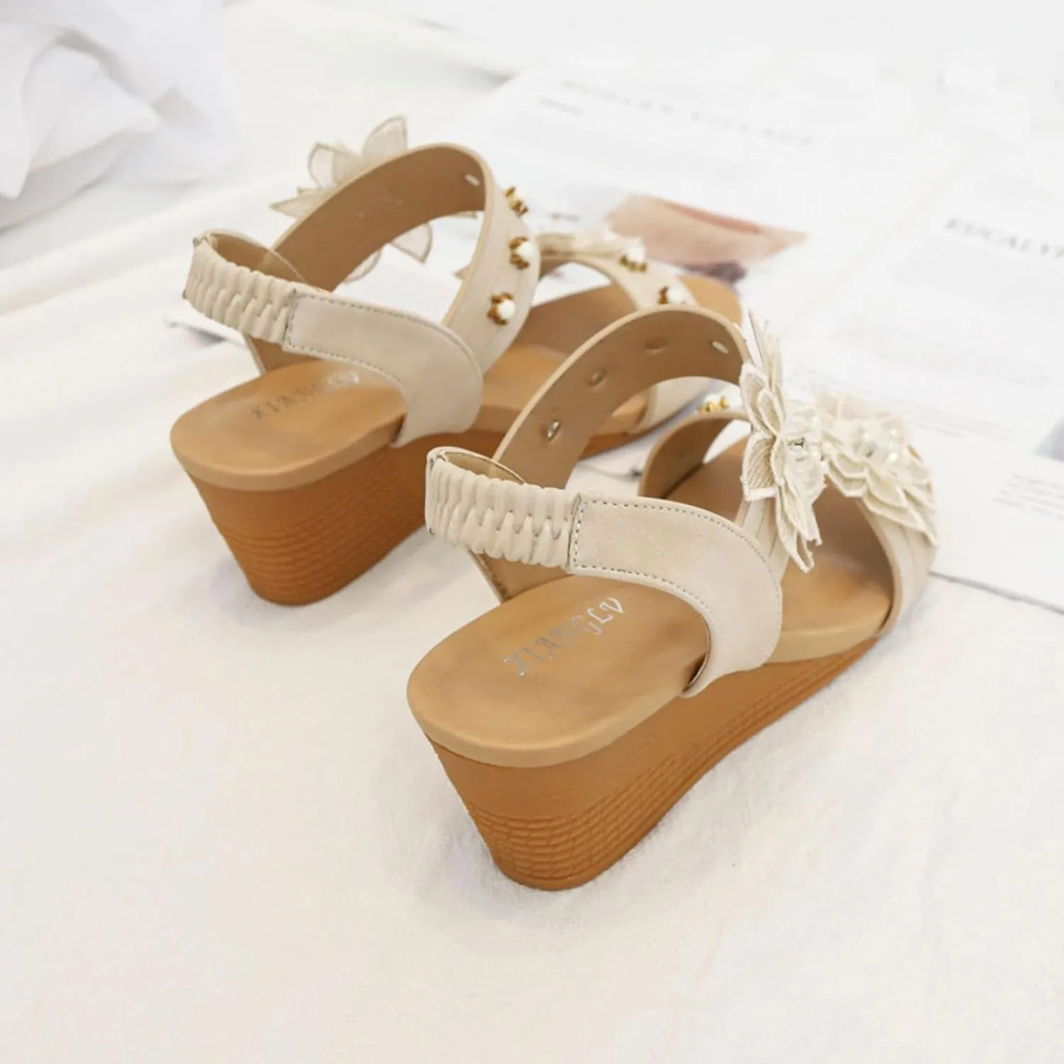 Womens Espadrille Wedge Sandals Flower Cutout Peep Toe Mid Heel Fashion Breathable Beach Sandals, Casual Summer Roman High Heel Slip on Ankle Strap Low Wedges