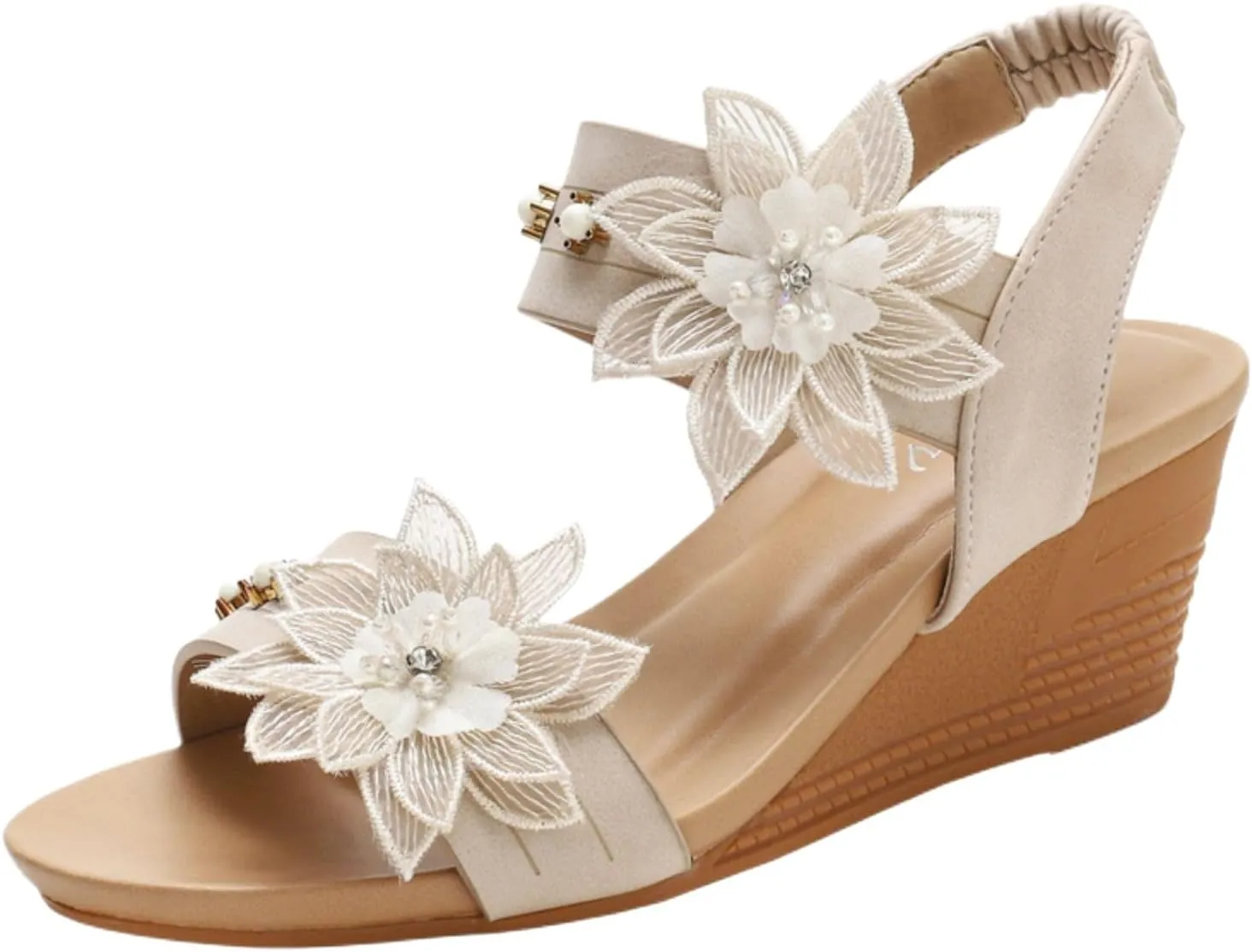 Womens Espadrille Wedge Sandals Flower Cutout Peep Toe Mid Heel Fashion Breathable Beach Sandals, Casual Summer Roman High Heel Slip on Ankle Strap Low Wedges