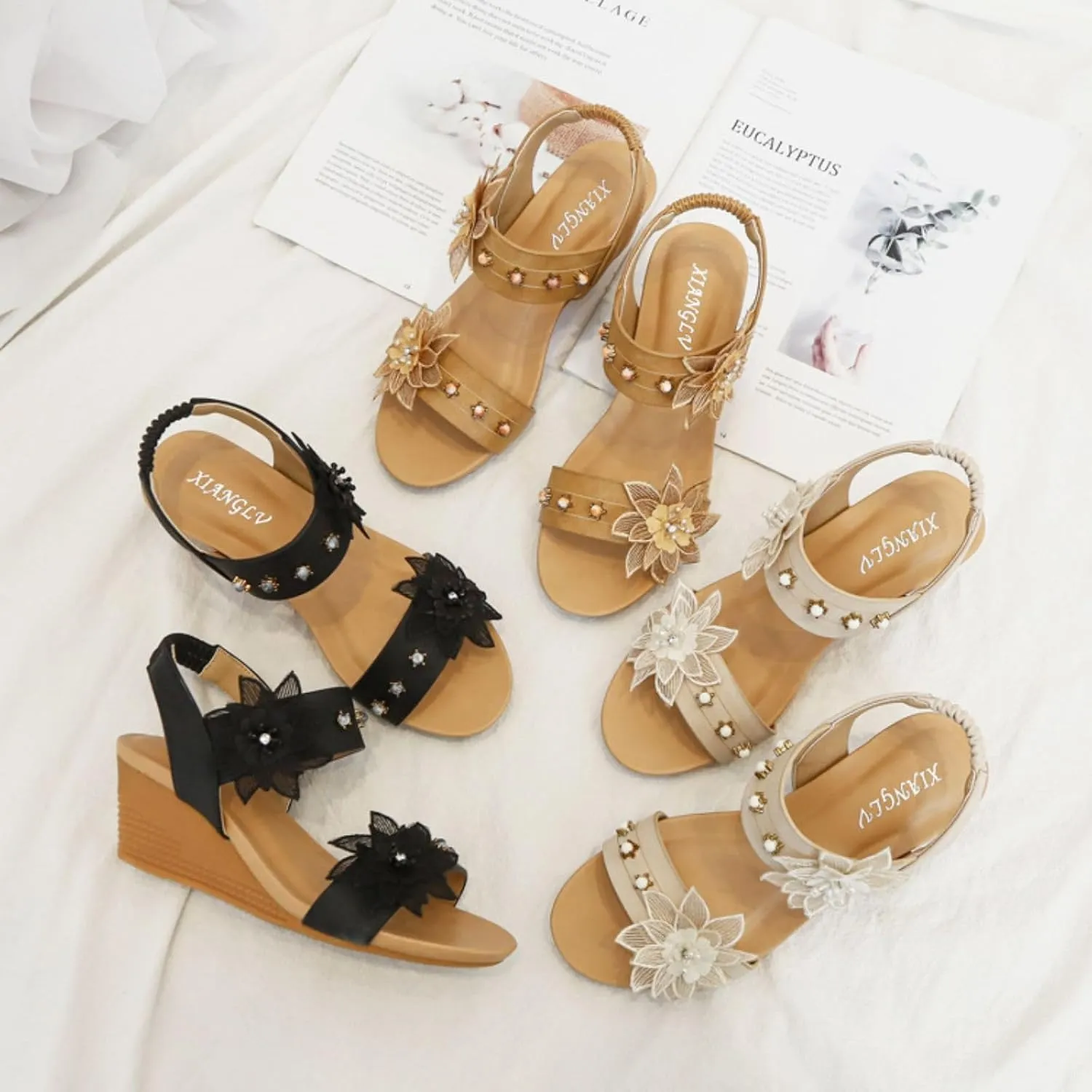 Womens Espadrille Wedge Sandals Flower Cutout Peep Toe Mid Heel Fashion Breathable Beach Sandals, Casual Summer Roman High Heel Slip on Ankle Strap Low Wedges
