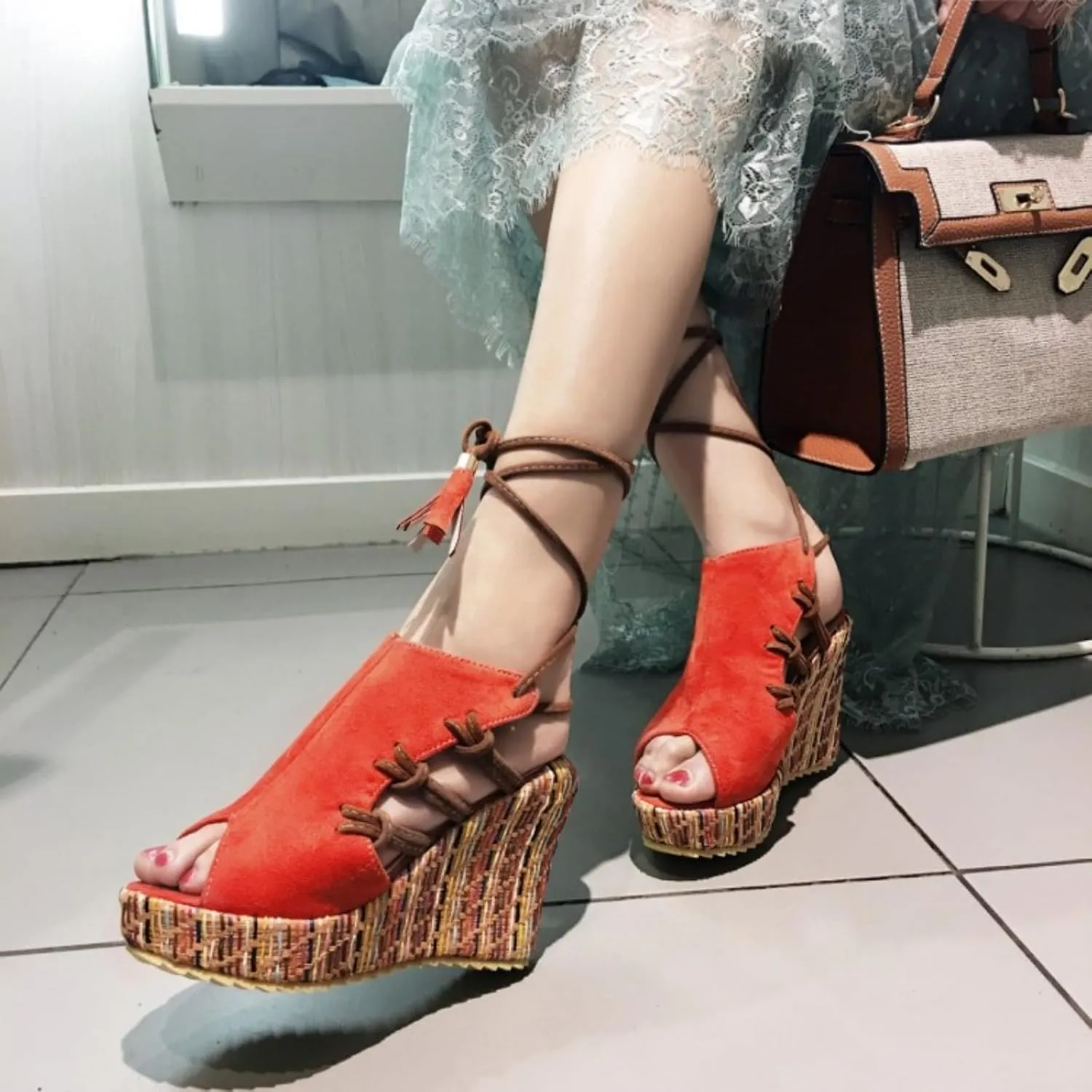Women's Espadrilles Wedges Cross Strap Open Peep Toe Slope Sandals Fashion Platform High Heels Wedge Thick-Soled Boho Ethnic Beach Summer Casual Sandal Shoes
