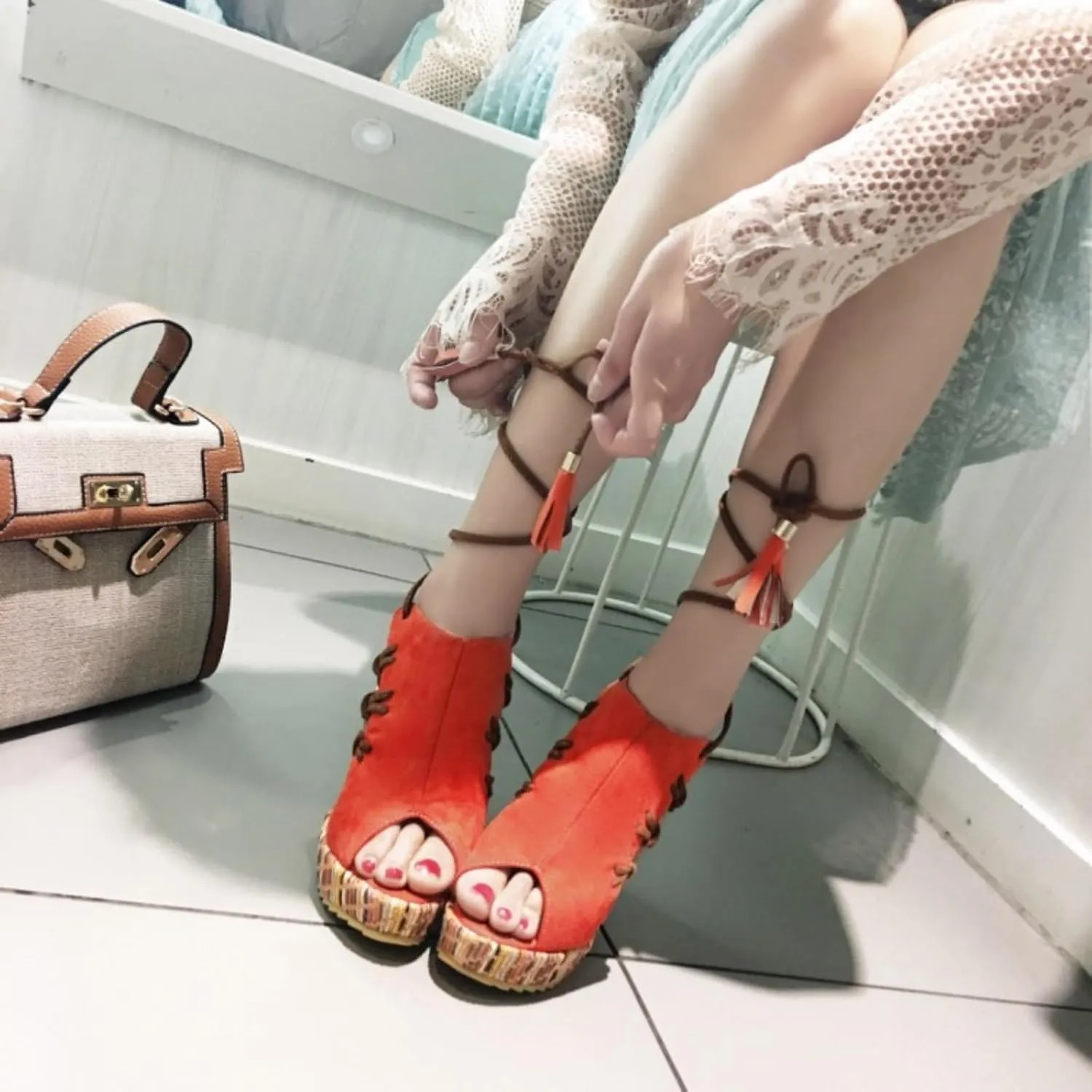 Women's Espadrilles Wedges Cross Strap Open Peep Toe Slope Sandals Fashion Platform High Heels Wedge Thick-Soled Boho Ethnic Beach Summer Casual Sandal Shoes