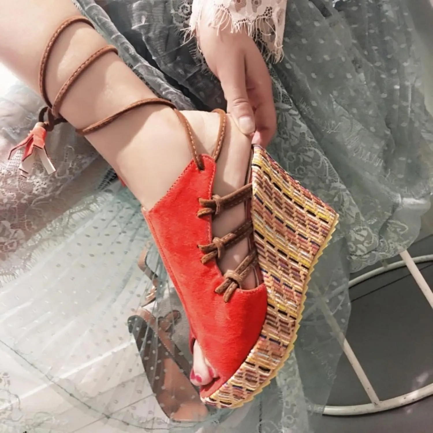 Women's Espadrilles Wedges Cross Strap Open Peep Toe Slope Sandals Fashion Platform High Heels Wedge Thick-Soled Boho Ethnic Beach Summer Casual Sandal Shoes