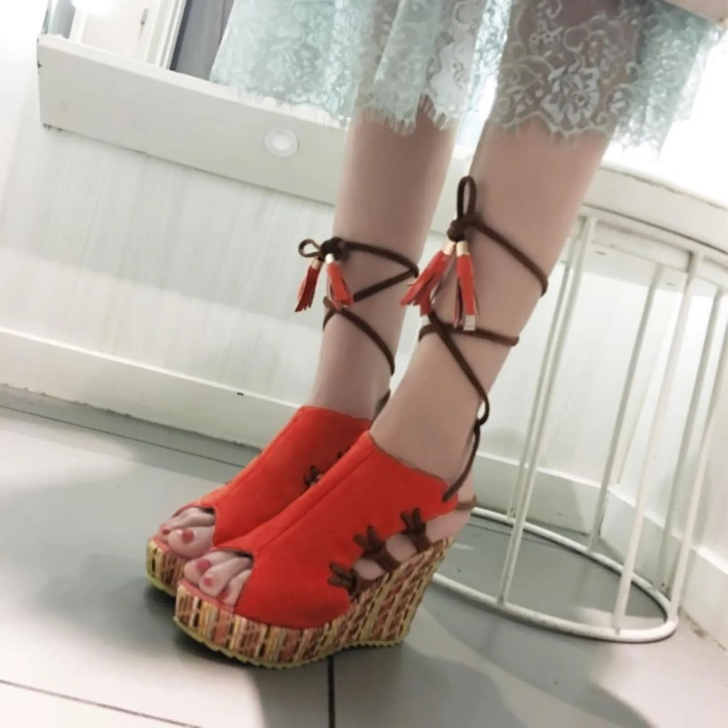 Women's Espadrilles Wedges Cross Strap Open Peep Toe Slope Sandals Fashion Platform High Heels Wedge Thick-Soled Boho Ethnic Beach Summer Casual Sandal Shoes