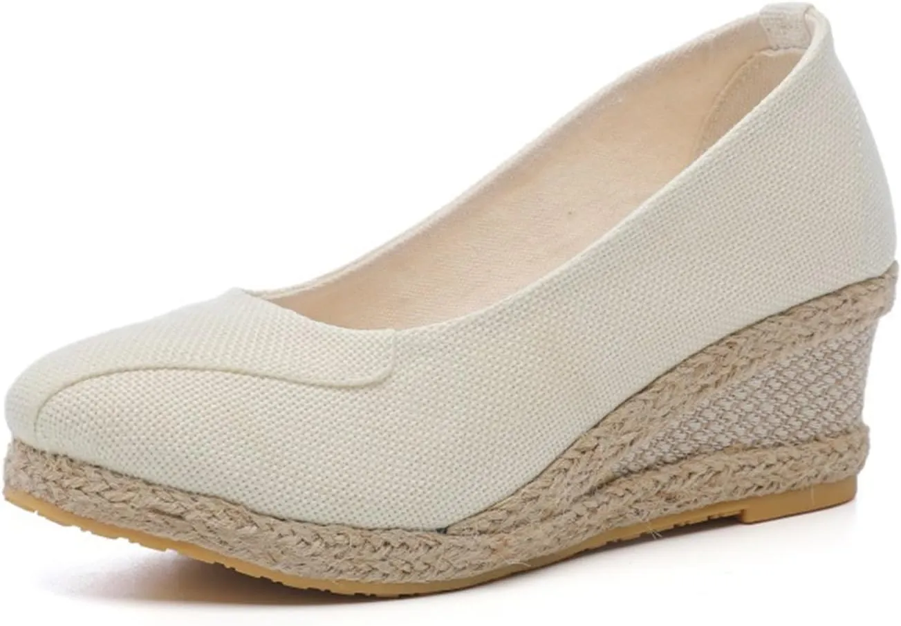 Womens Espadrilles Wedges Sandals Platform Heels Wedge Sandals Slip On Woven Wedges Pumps Shoes Comfortable Platform Wedge Sandal Solid Closed Pointed Toe Shoes Breathable Comfy Walking Shoe