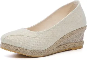 Womens Espadrilles Wedges Sandals Platform Heels Wedge Sandals Slip On Woven Wedges Pumps Shoes Comfortable Platform Wedge Sandal Solid Closed Pointed Toe Shoes Breathable Comfy Walking Shoe