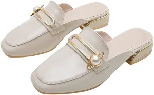 Womens Fashion Closed Square Toe Mules Backless Loafers Metal Decor Comfy Low Heel Dress Slipper Shoes