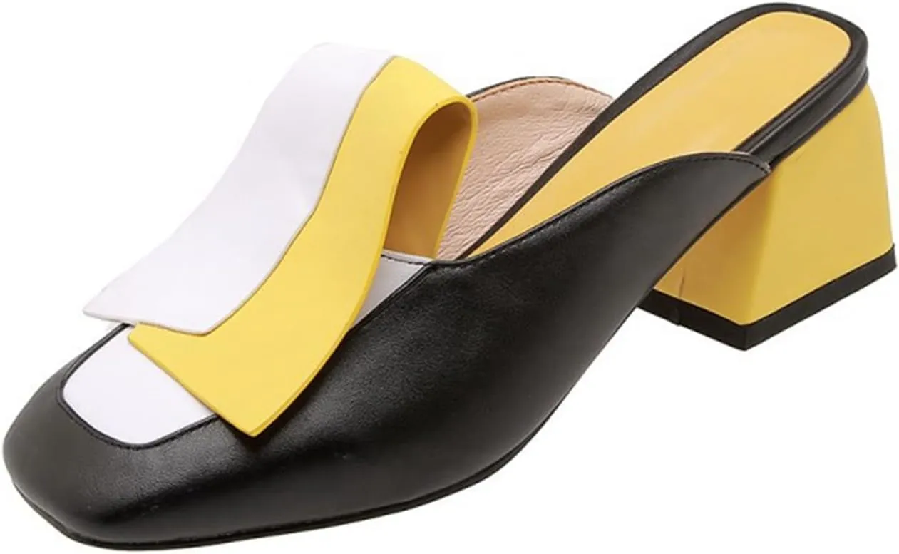 Women's Flat Mary Jane Mules Patent PU Leather Closed Square Toe Backless Slip on Slides Loafer Shoes