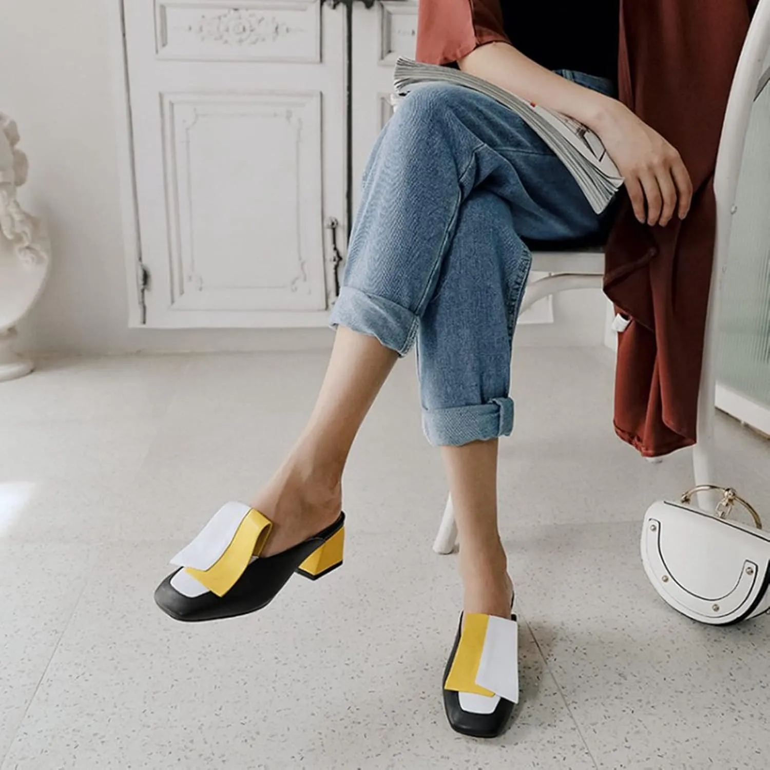 Women's Flat Mary Jane Mules Patent PU Leather Closed Square Toe Backless Slip on Slides Loafer Shoes