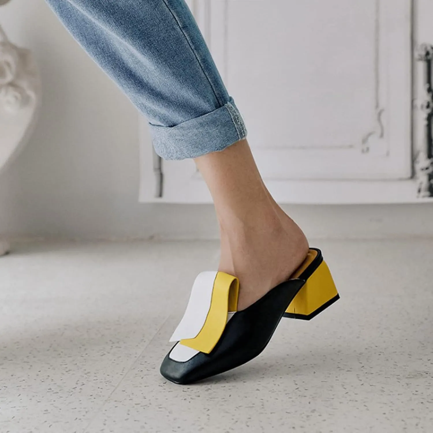 Women's Flat Mary Jane Mules Patent PU Leather Closed Square Toe Backless Slip on Slides Loafer Shoes