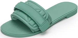 Women's Flat Sandals Adjustable Strap Summer Comfort Leather Slip on Slide Sandals