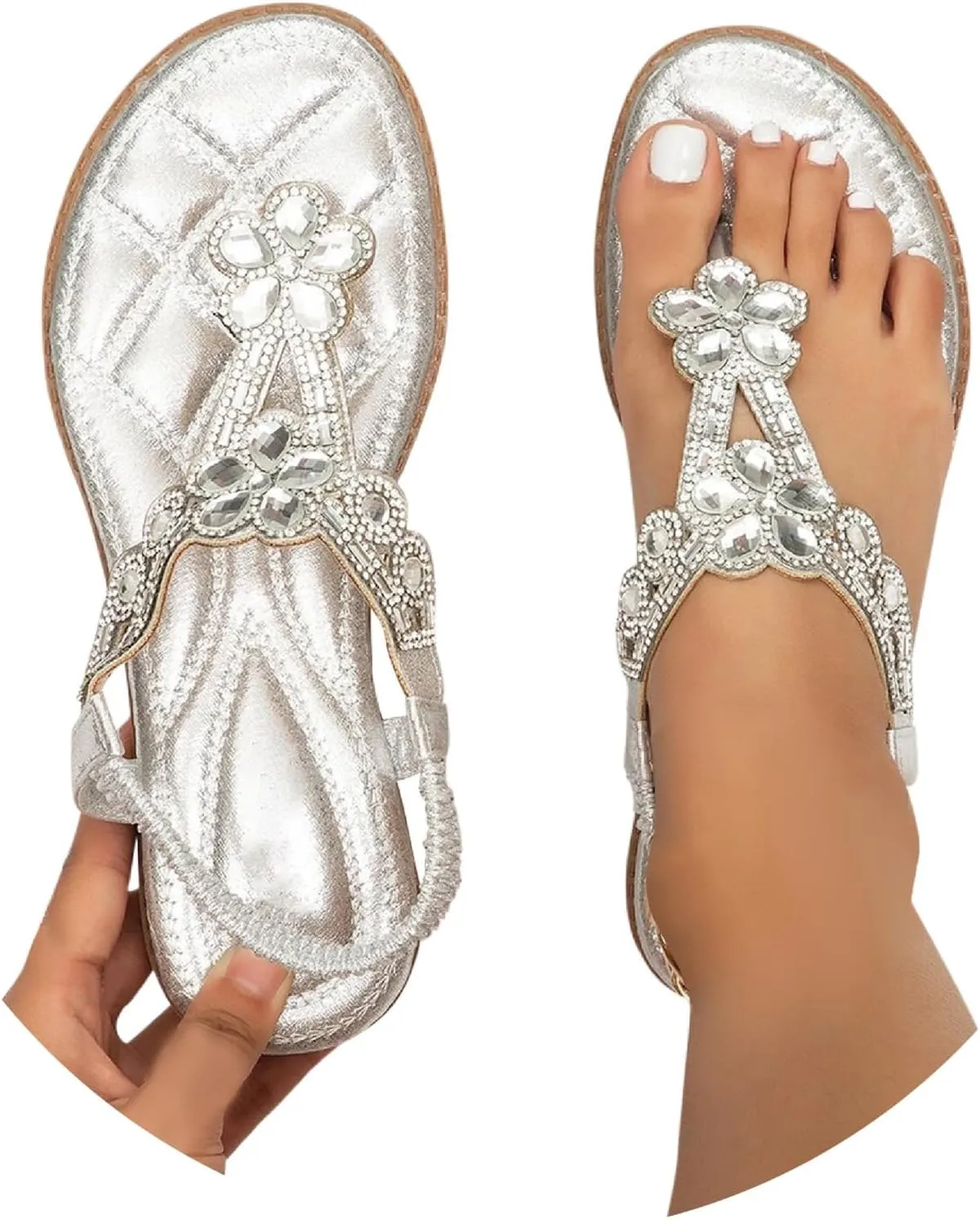 Womens Flat Sandals Dressy Rhinestone Wedding Shoes T-Strap Buckle Bohemian Crystal Flat Sandal Peep Toe Non Slip Dress Sandals for Women Comfortable Trendy Lightweight Elegant Sandal