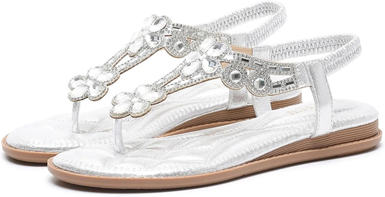 Womens Flat Sandals Dressy Rhinestone Wedding Shoes T-Strap Buckle Bohemian Crystal Flat Sandal Peep Toe Non Slip Dress Sandals for Women Comfortable Trendy Lightweight Elegant Sandal