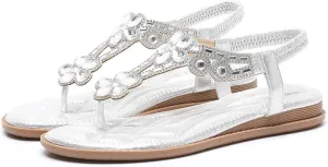 Womens Flat Sandals Dressy Rhinestone Wedding Shoes T-Strap Buckle Bohemian Crystal Flat Sandal Peep Toe Non Slip Dress Sandals for Women Comfortable Trendy Lightweight Elegant Sandal