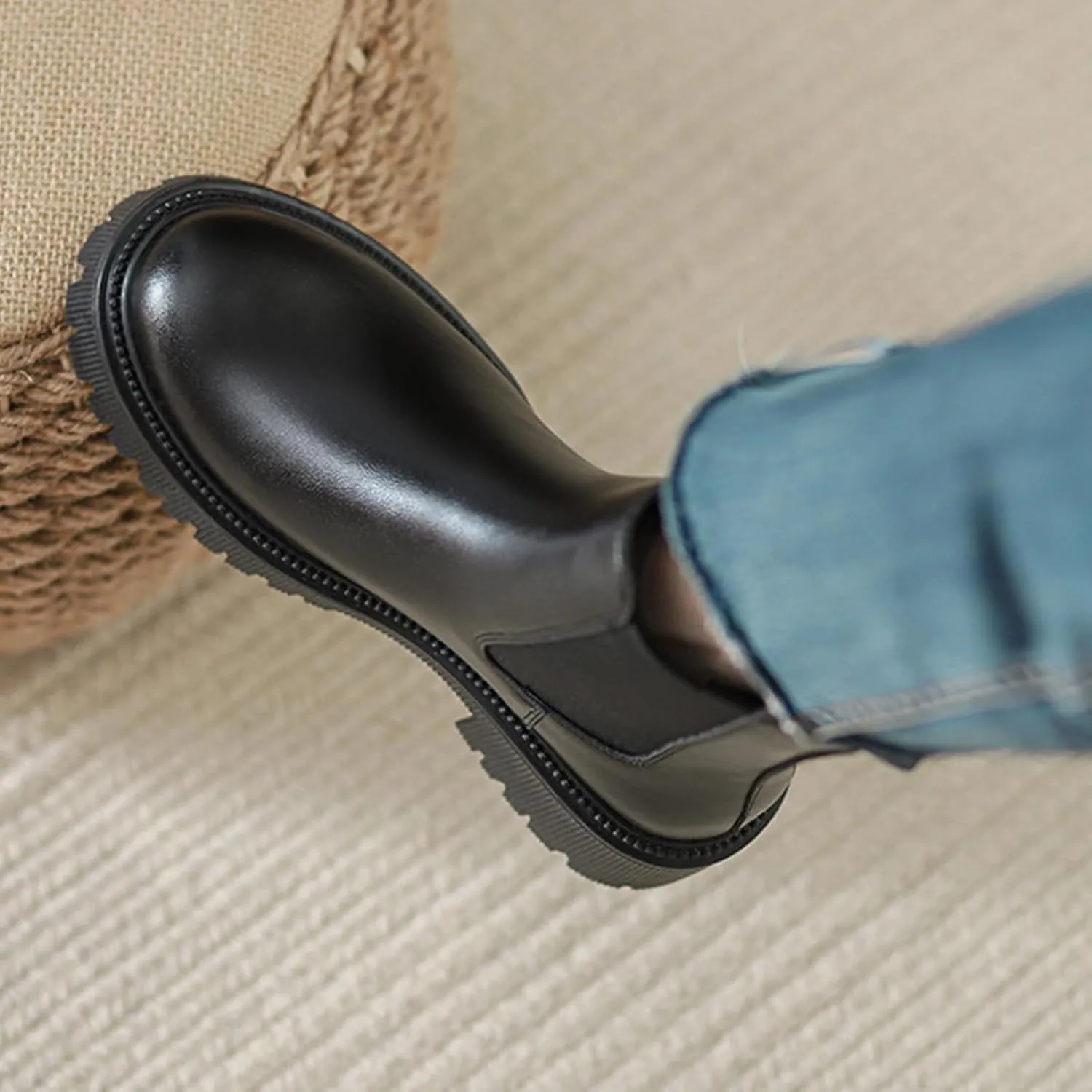 Women's Genuine Leather Chunky Platform Chelsea Boots Classic Round Toe Elastic Slip on Non-Slip Lug Sole Height Increase Ankle Boots