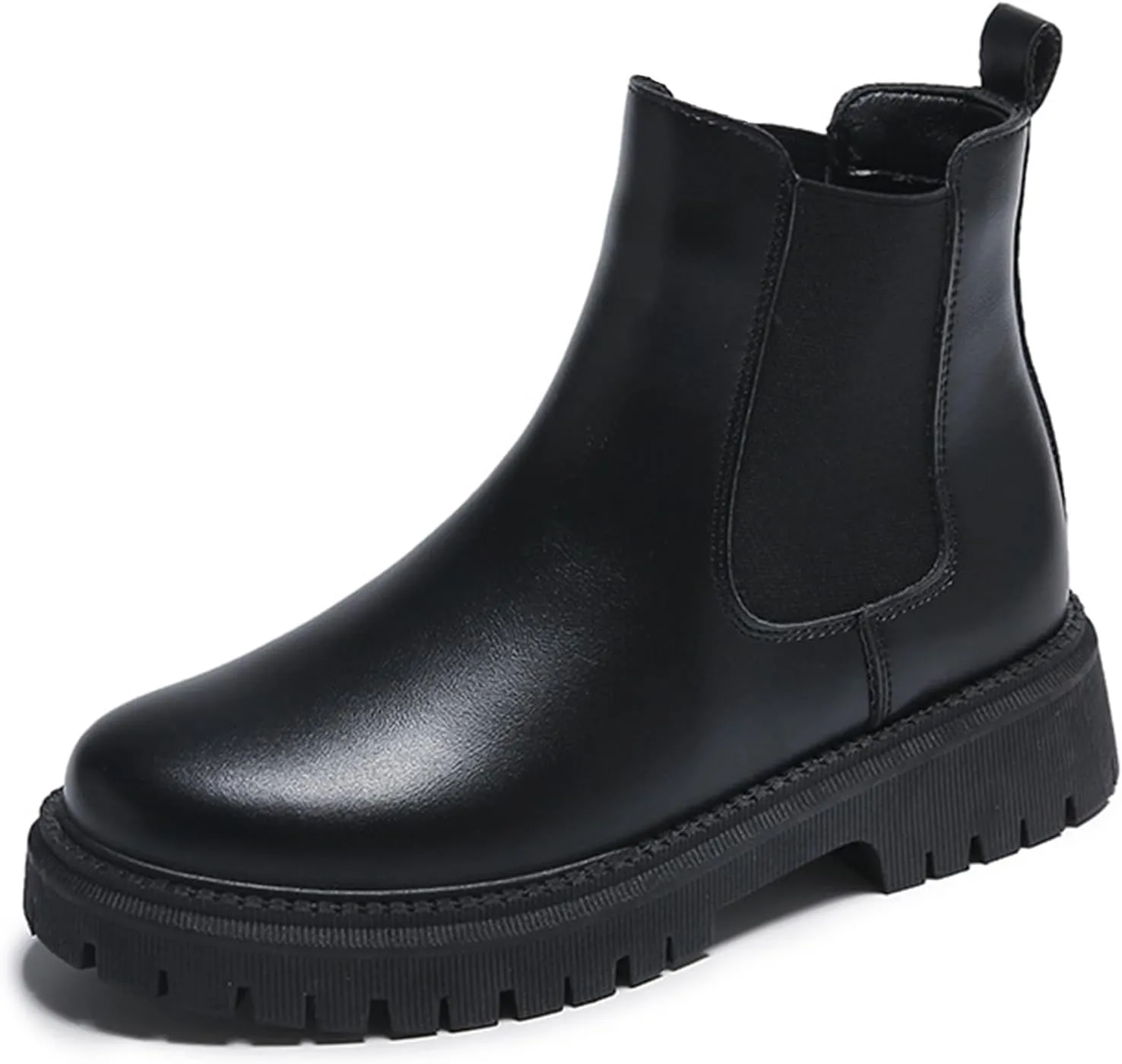 Women's Genuine Leather Chunky Platform Chelsea Boots Classic Round Toe Elastic Slip on Non-Slip Lug Sole Height Increase Ankle Boots