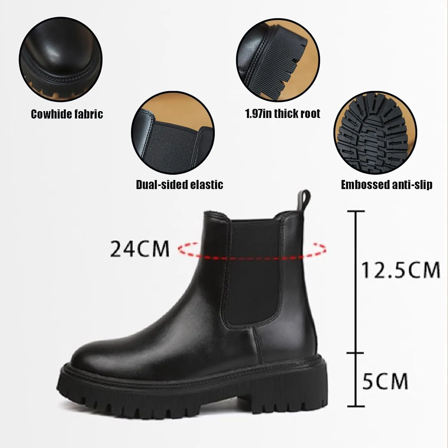 Women's Genuine Leather Chunky Platform Chelsea Boots Classic Round Toe Elastic Slip on Non-Slip Lug Sole Height Increase Ankle Boots
