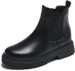 Women's Genuine Leather Chunky Platform Chelsea Boots Classic Round Toe Elastic Slip on Non-Slip Lug Sole Height Increase Ankle Boots
