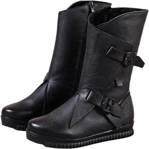 Women's Genuine Leather Side Zipper Flat Mid-Calf Boot Comfort Soft Sole Wide Round Toe Fur Lined Warm Winter Boots Fashion Double Belt Buckle Decoration Non-Slip Lug Flat Boots (Black,7,7)