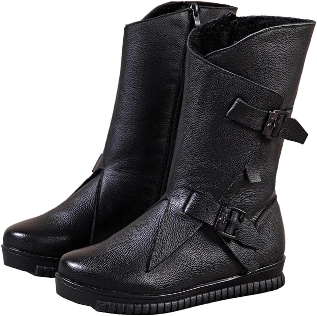 Women's Genuine Leather Side Zipper Flat Mid-Calf Boot Comfort Soft Sole Wide Round Toe Fur Lined Warm Winter Boots Fashion Double Belt Buckle Decoration Non-Slip Lug Flat Boots (Black,7,7)