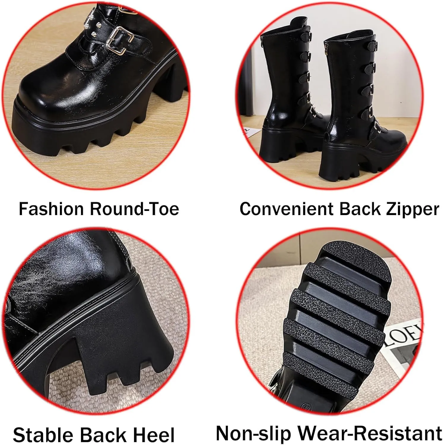 Women's Goth Platform Mid Calf Boots Studded Wide Mid Calf Combat Punk Boots Round Toe Buckle Chunky Heel Back Zipper Thick Sole Ankle Booties
