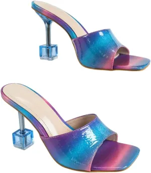 Women's Gradient Crystal Cube Heel Mules – Avant-Garde Square-Toe High Heels – Iridescent Patent Leather Party Shoes (Sizes 6-10.5)
