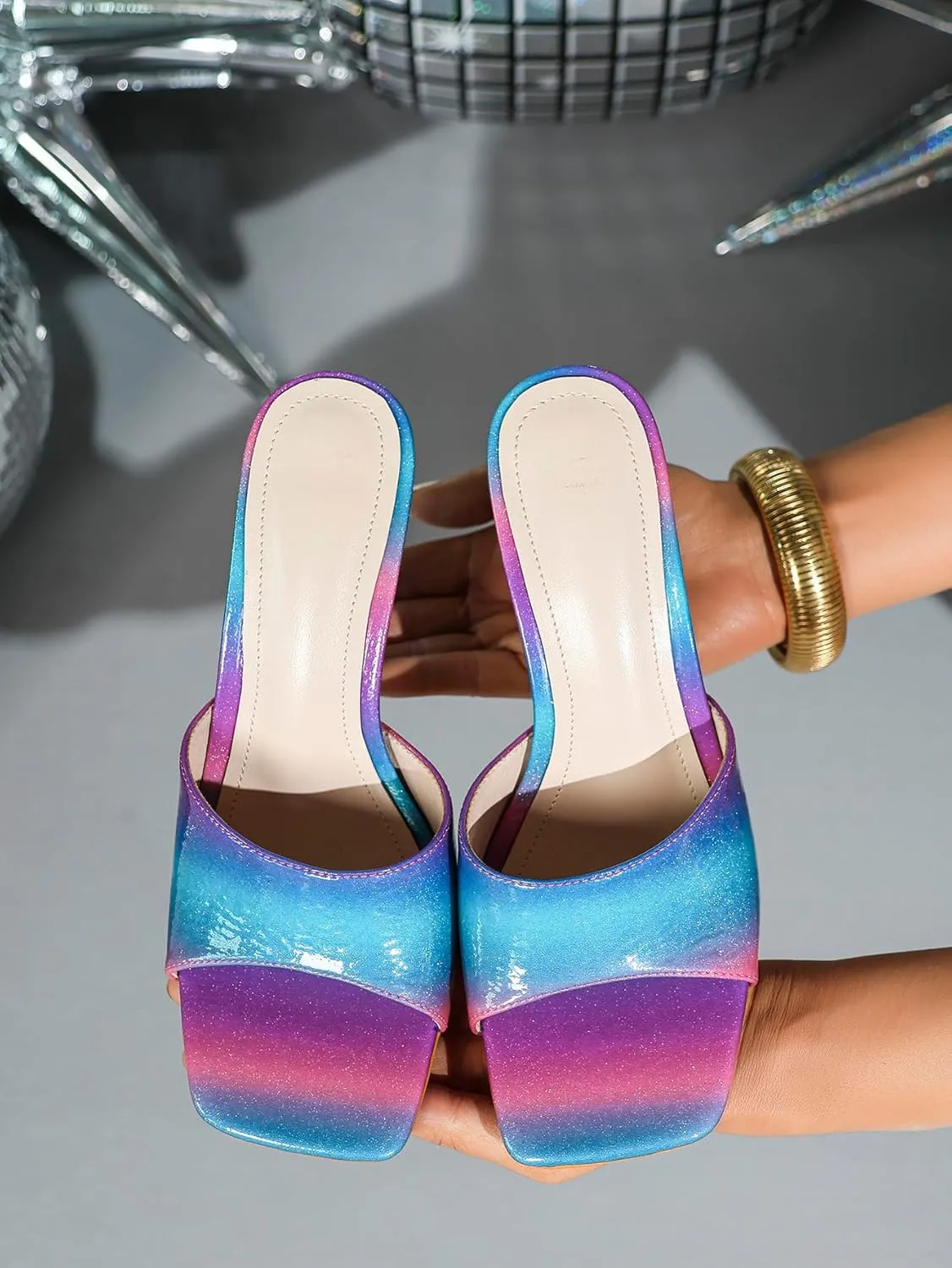 Women's Gradient Crystal Cube Heel Mules – Avant-Garde Square-Toe High Heels – Iridescent Patent Leather Party Shoes (Sizes 6-10.5)