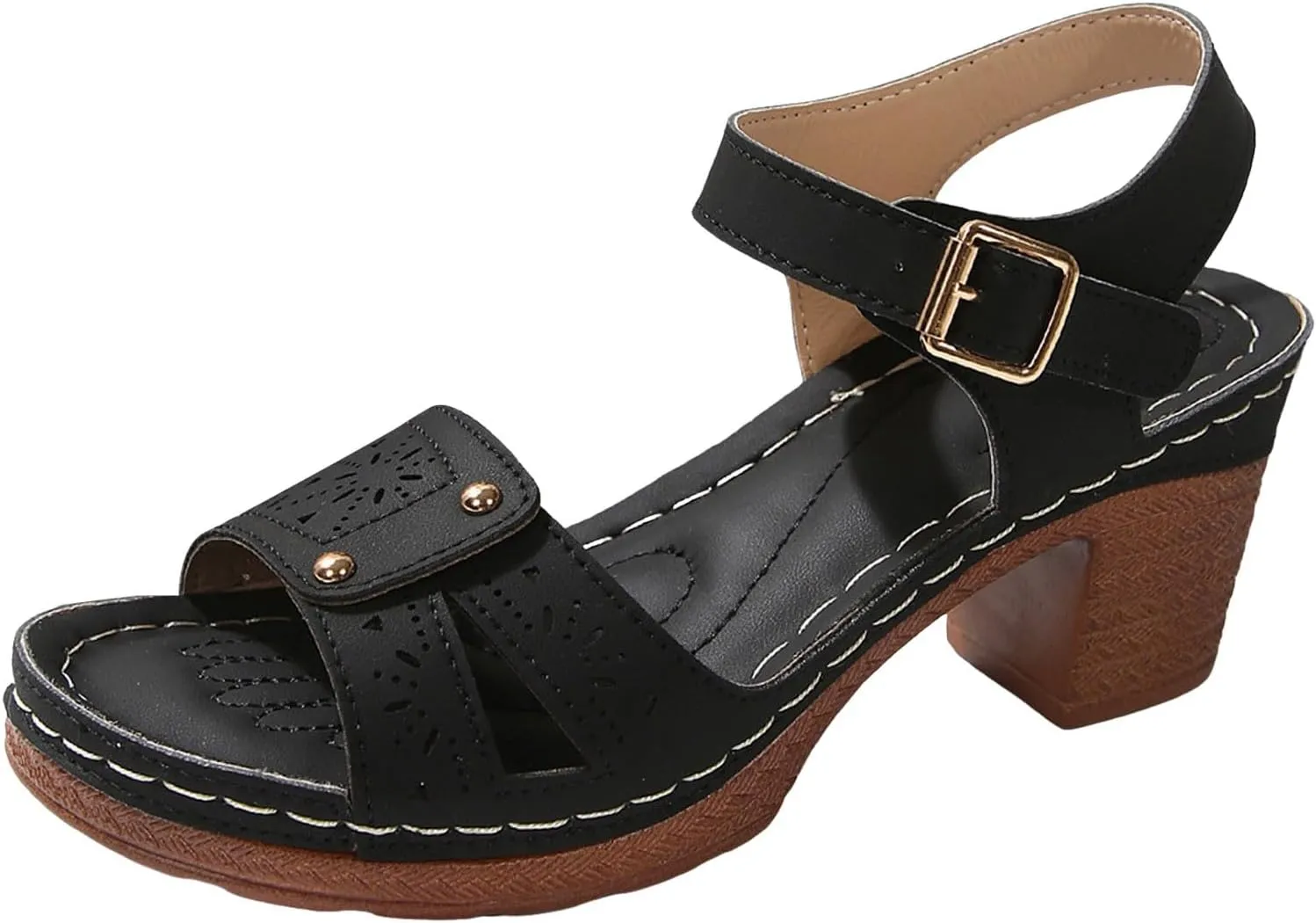 Women's Heeled Sandals Peep Toe Block Slingback Cutout Chunky Cutout Mid Heels Sandal with Arch Support 2025 Summer Orthopedic Shoes Dressy Adjustable Strappy Shoes for Party Wedding Daily Work