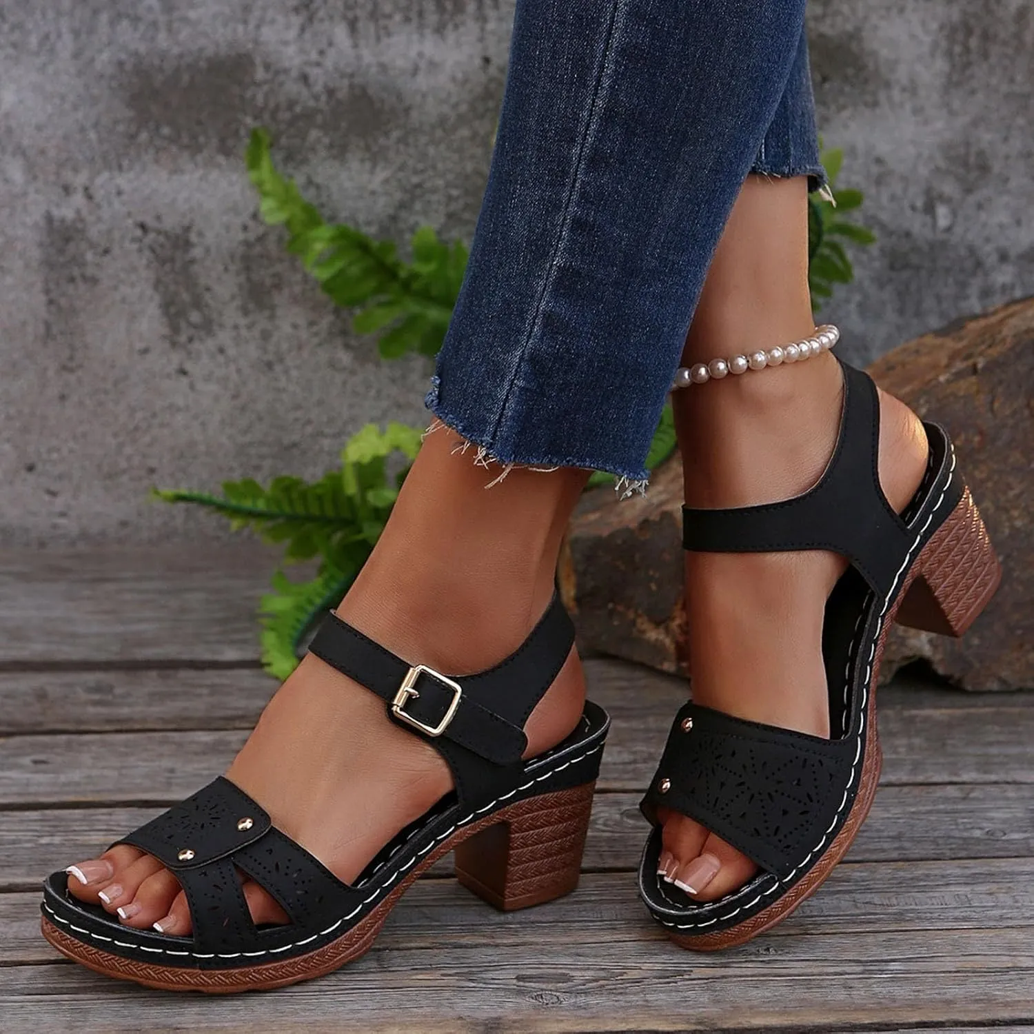 Women's Heeled Sandals Peep Toe Block Slingback Cutout Chunky Cutout Mid Heels Sandal with Arch Support 2025 Summer Orthopedic Shoes Dressy Adjustable Strappy Shoes for Party Wedding Daily Work