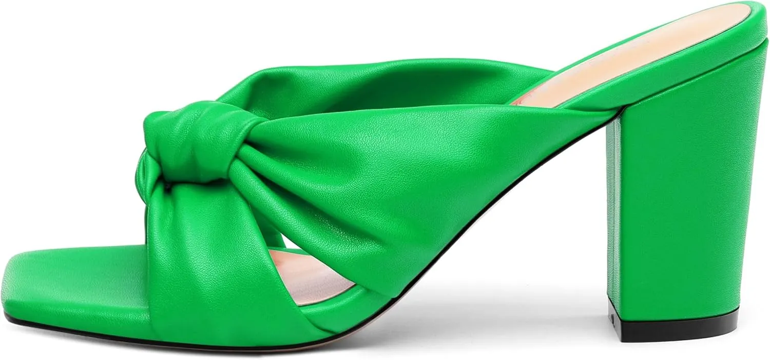 Women's High Heeled Square Toe Slip On Sandals, Puffy Knot Chunky Heel Open Toe Sandals for women, Summer Party Prom Shoes