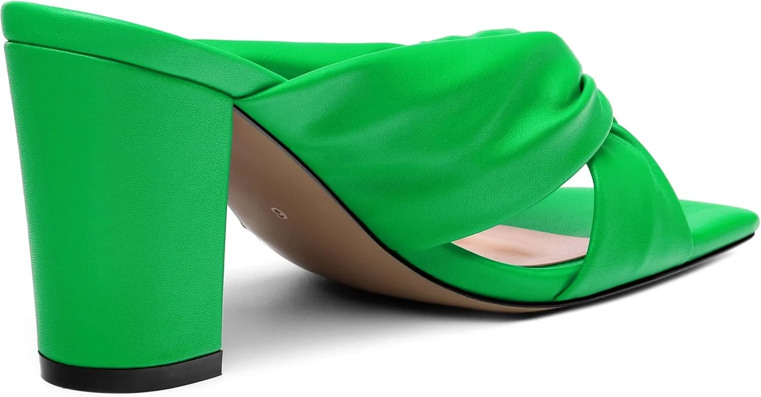 Women's High Heeled Square Toe Slip On Sandals, Puffy Knot Chunky Heel Open Toe Sandals for women, Summer Party Prom Shoes