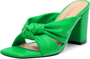 Women's High Heeled Square Toe Slip On Sandals, Puffy Knot Chunky Heel Open Toe Sandals for women, Summer Party Prom Shoes