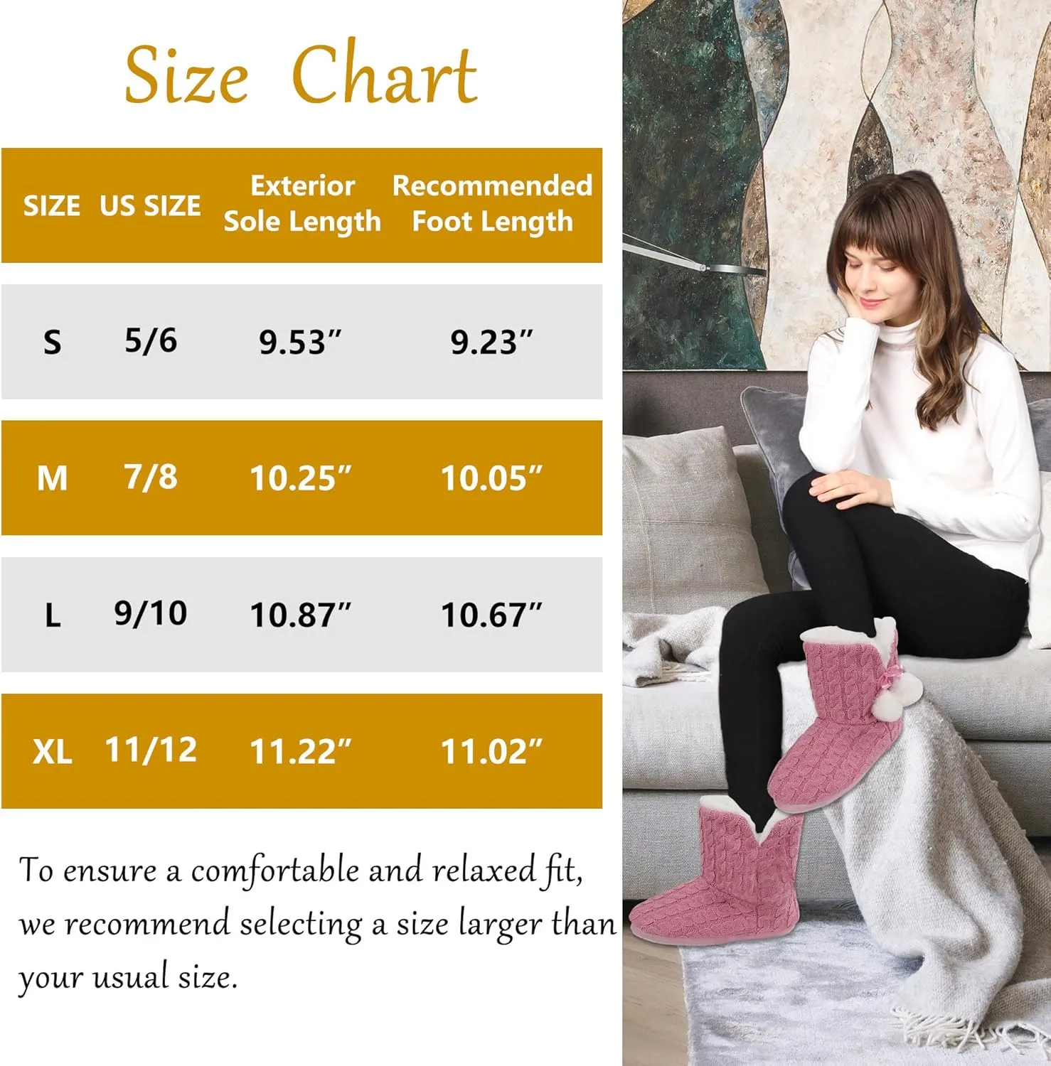 Women's Knit Slippers Indoor Warm Fluffy Home Bootie Slippers Anti-Slip House Shoes with Cute Pom Poms Soft Cozy Ankle Boots for Women