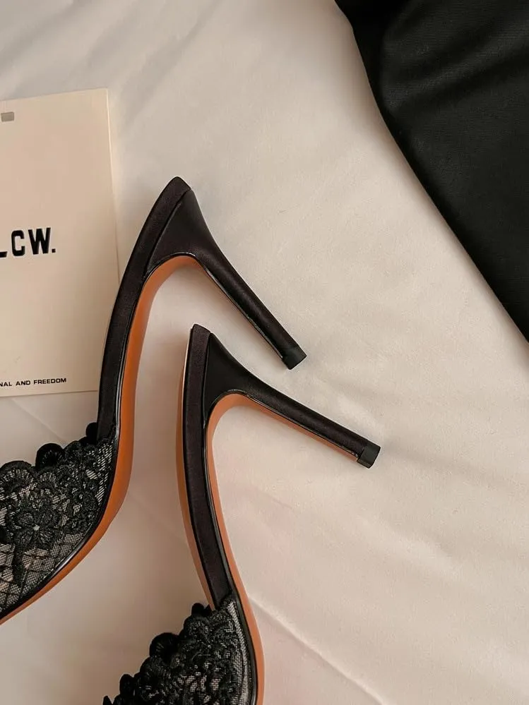 Women's Lace Pointed Open Toe Heeled Sandals Kitten Stiletto Mules Slip On Elegant High Heels for Party Wedding Bride Prom Summer Dress Evening Slingback Sexy