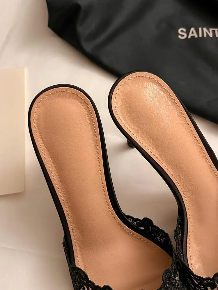Women's Lace Pointed Open Toe Heeled Sandals Kitten Stiletto Mules Slip On Elegant High Heels for Party Wedding Bride Prom Summer Dress Evening Slingback Sexy