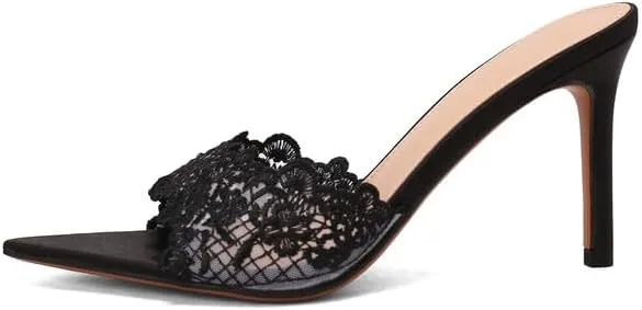 Women's Lace Pointed Open Toe Heeled Sandals Kitten Stiletto Mules Slip On Elegant High Heels for Party Wedding Bride Prom Summer Dress Evening Slingback Sexy