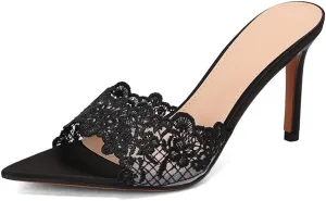 Women's Lace Pointed Open Toe Heeled Sandals Kitten Stiletto Mules Slip On Elegant High Heels for Party Wedding Bride Prom Summer Dress Evening Slingback Sexy