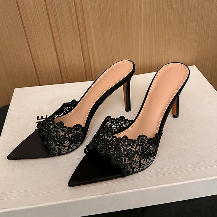 Women's Lace Pointed Open Toe Heeled Sandals Kitten Stiletto Mules Slip On Elegant High Heels for Party Wedding Bride Prom Summer Dress Evening Slingback Sexy