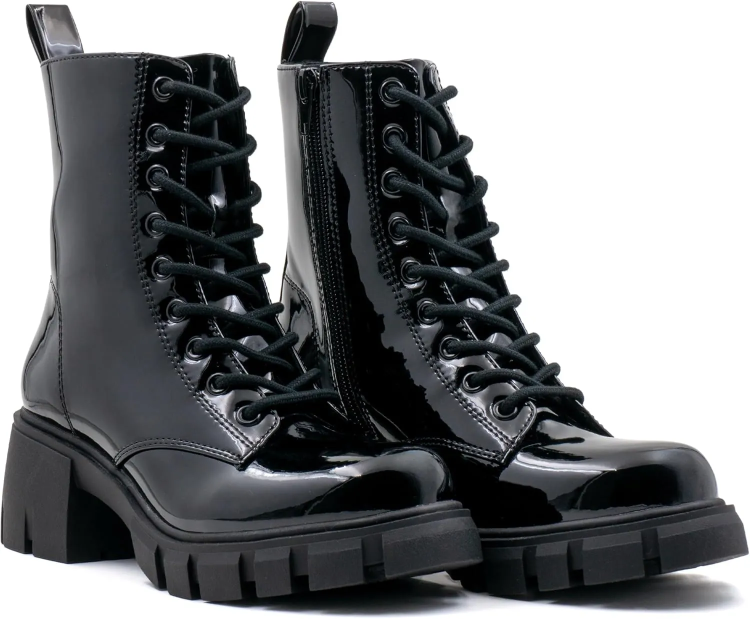 Women's Lace Up Combat Platform Ankle Boots With Thick Sole, Side Zipper Shoes Mid Calf Booties for Lady 2301-2302-2403