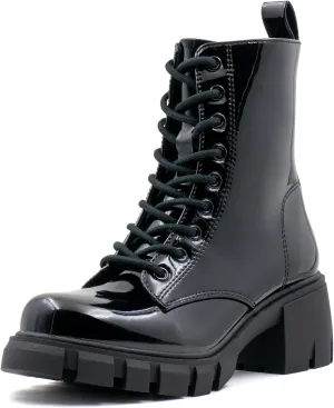 Women's Lace Up Combat Platform Ankle Boots With Thick Sole, Side Zipper Shoes Mid Calf Booties for Lady 2301-2302-2403