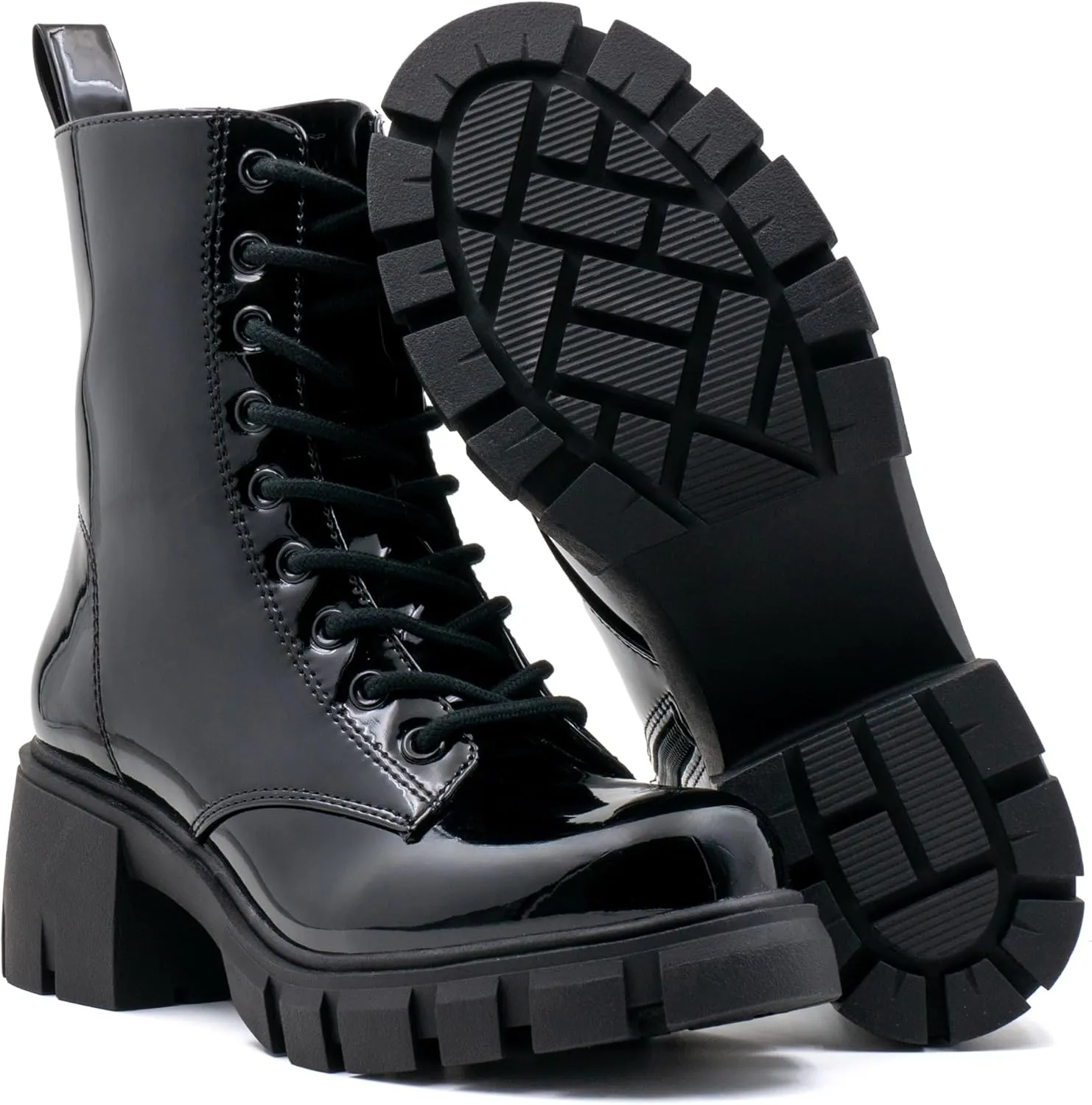 Women's Lace Up Combat Platform Ankle Boots With Thick Sole, Side Zipper Shoes Mid Calf Booties for Lady 2301-2302-2403